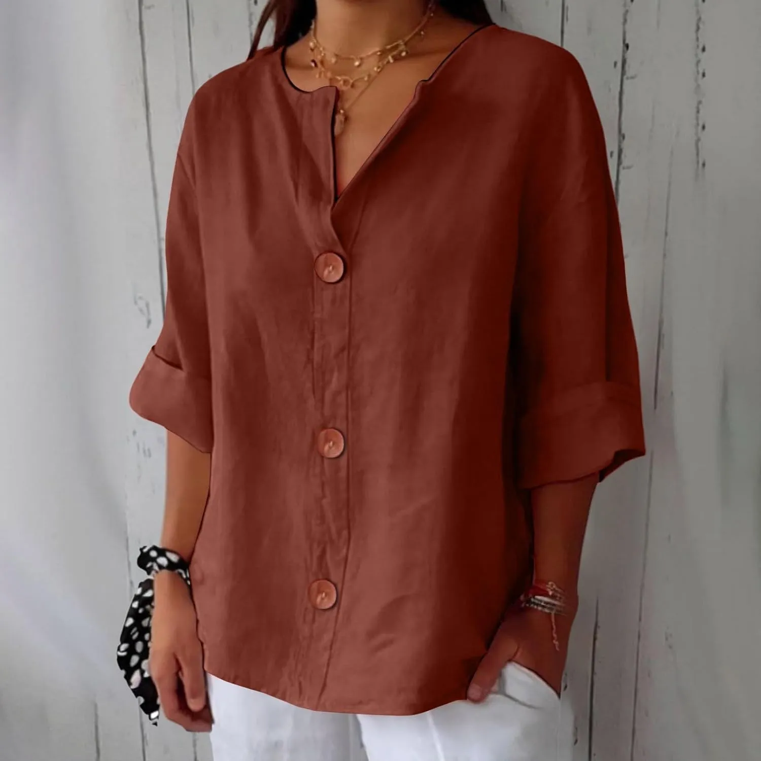 3/4 Sleeve Linen Shirts for Women Button V Neck Cotton Blouses Dressy Casual Solid Henley Shirts Loose Fit Summer Tops