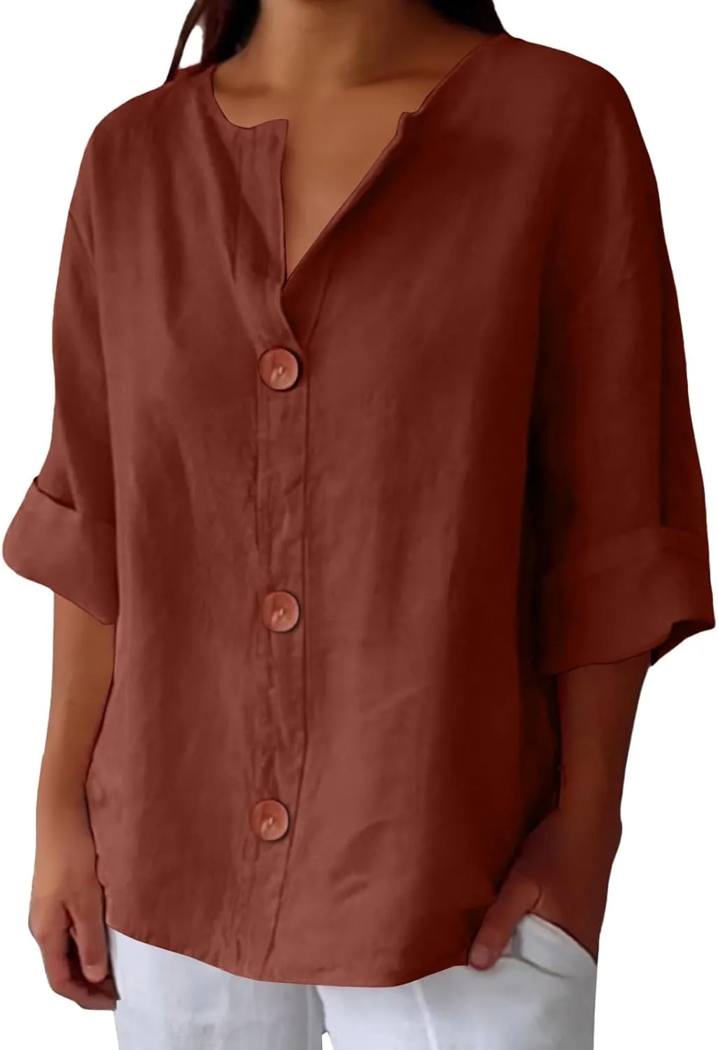 3/4 Sleeve Linen Shirts for Women Button V Neck Cotton Blouses Dressy Casual Solid Henley Shirts Loose Fit Summer Tops