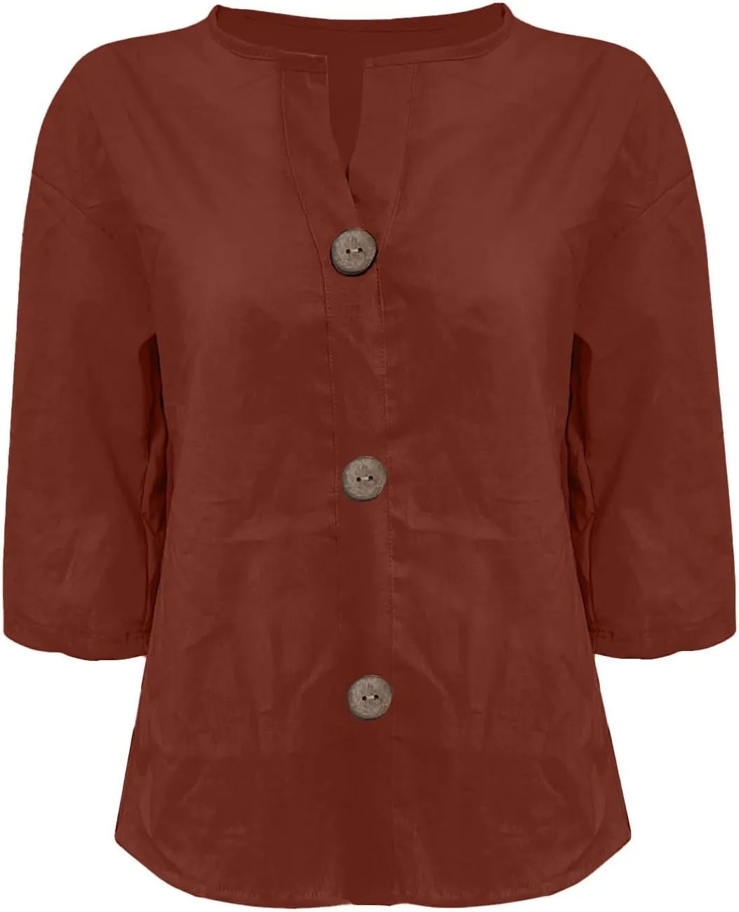 3/4 Sleeve Linen Shirts for Women Button V Neck Cotton Blouses Dressy Casual Solid Henley Shirts Loose Fit Summer Tops