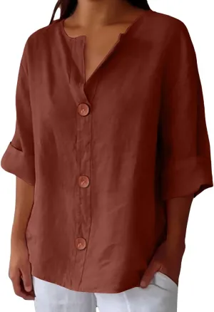 3/4 Sleeve Linen Shirts for Women Button V Neck Cotton Blouses Dressy Casual Solid Henley Shirts Loose Fit Summer Tops