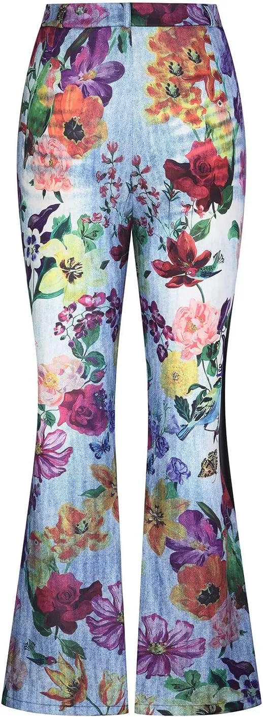 Akklian Flare Floral Print Jeans for Women Stretch Fashion Y2k Streetwear Wide Leg Bootcut Denim Pants Y2k Bell Bottom Jeans
