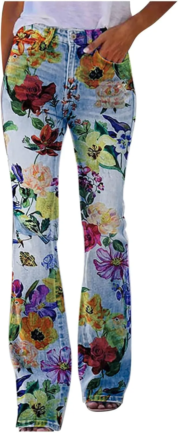 Akklian Flare Floral Print Jeans for Women Stretch Fashion Y2k Streetwear Wide Leg Bootcut Denim Pants Y2k Bell Bottom Jeans