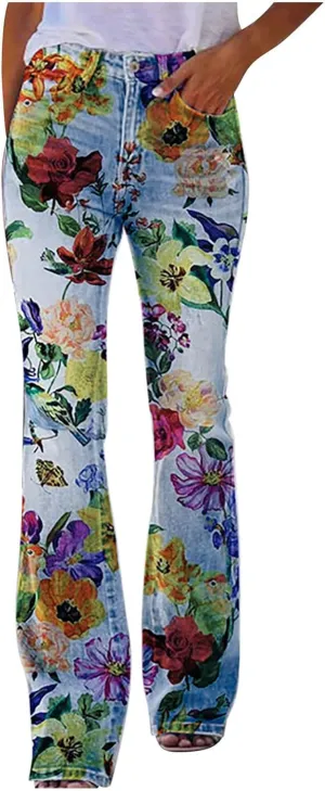 Akklian Flare Floral Print Jeans for Women Stretch Fashion Y2k Streetwear Wide Leg Bootcut Denim Pants Y2k Bell Bottom Jeans