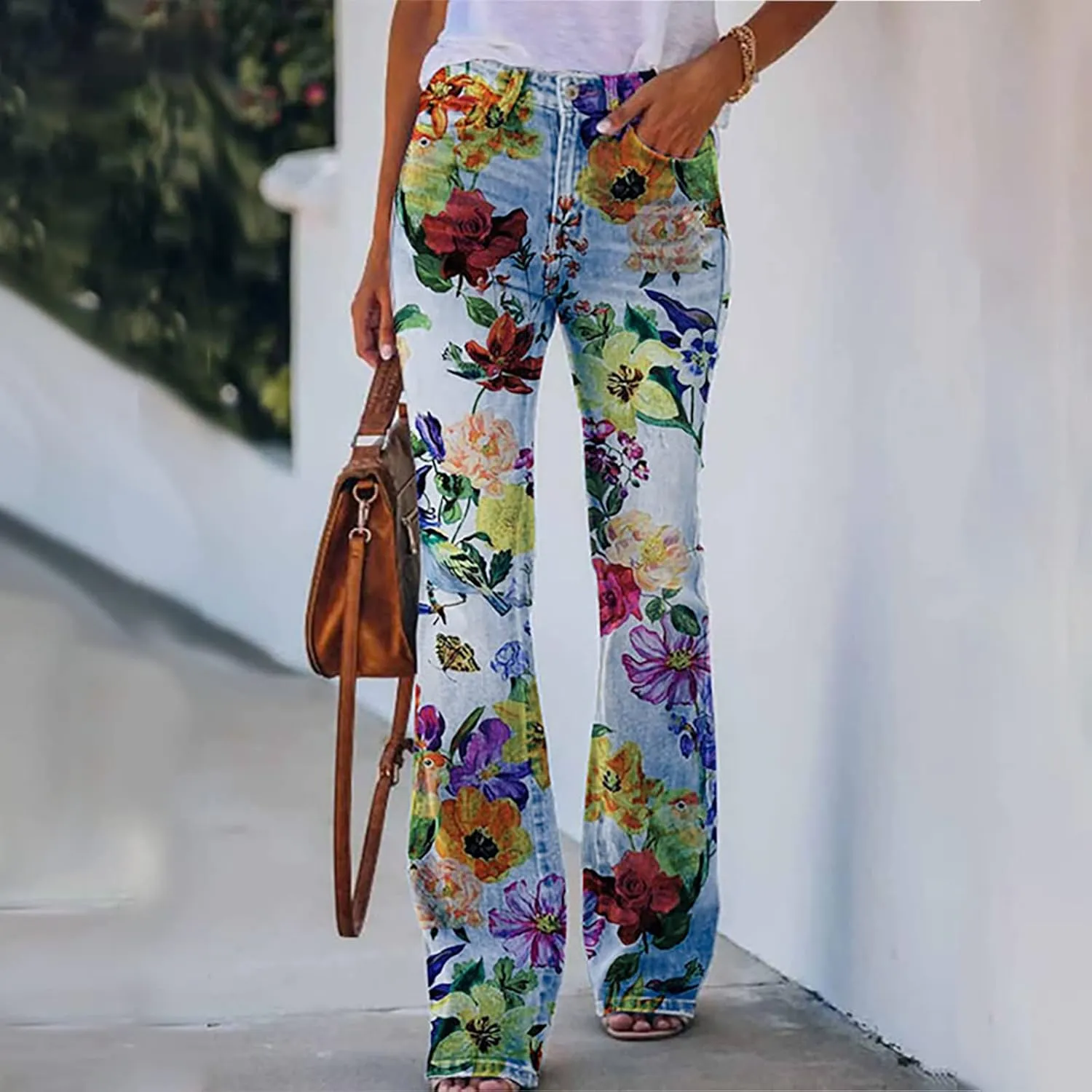 Akklian Flare Floral Print Jeans for Women Stretch Fashion Y2k Streetwear Wide Leg Bootcut Denim Pants Y2k Bell Bottom Jeans