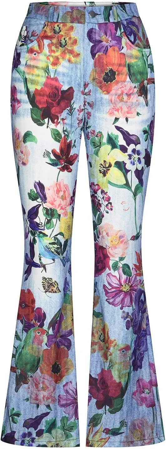 Akklian Flare Floral Print Jeans for Women Stretch Fashion Y2k Streetwear Wide Leg Bootcut Denim Pants Y2k Bell Bottom Jeans