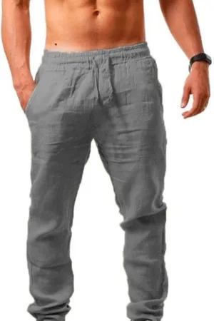 Akklian Linen Pants for Men Summer Casual Elastic Waist Drawstring Beach Pants Lightweight Breathable Straight-Legs Trousers