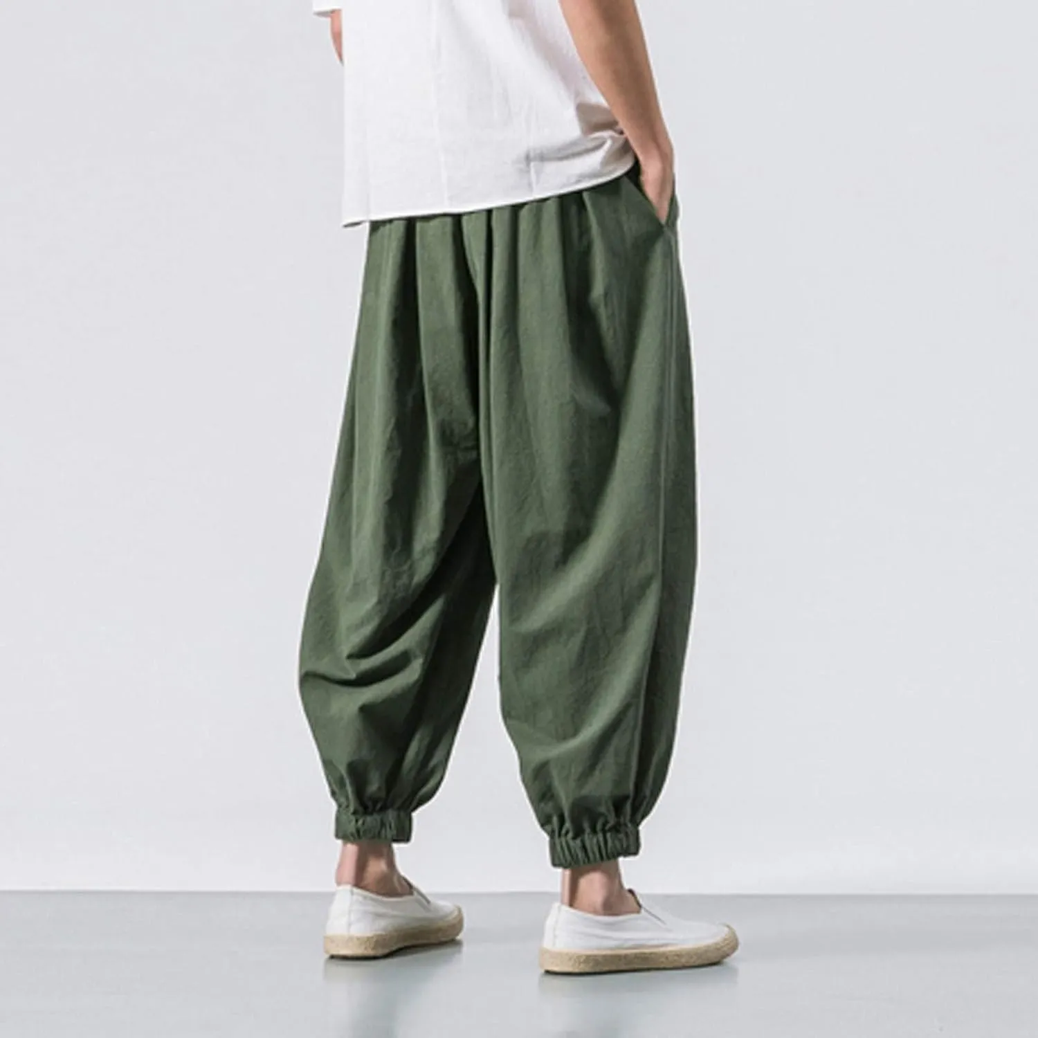 Akklian Linen Pants Mens Harem Pants Fashion Hip Hop Tapered Pants Casual Wide Leg Elastic Waist Drawstring Baggy Trousers