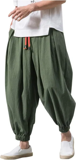 Akklian Linen Pants Mens Harem Pants Fashion Hip Hop Tapered Pants Casual Wide Leg Elastic Waist Drawstring Baggy Trousers