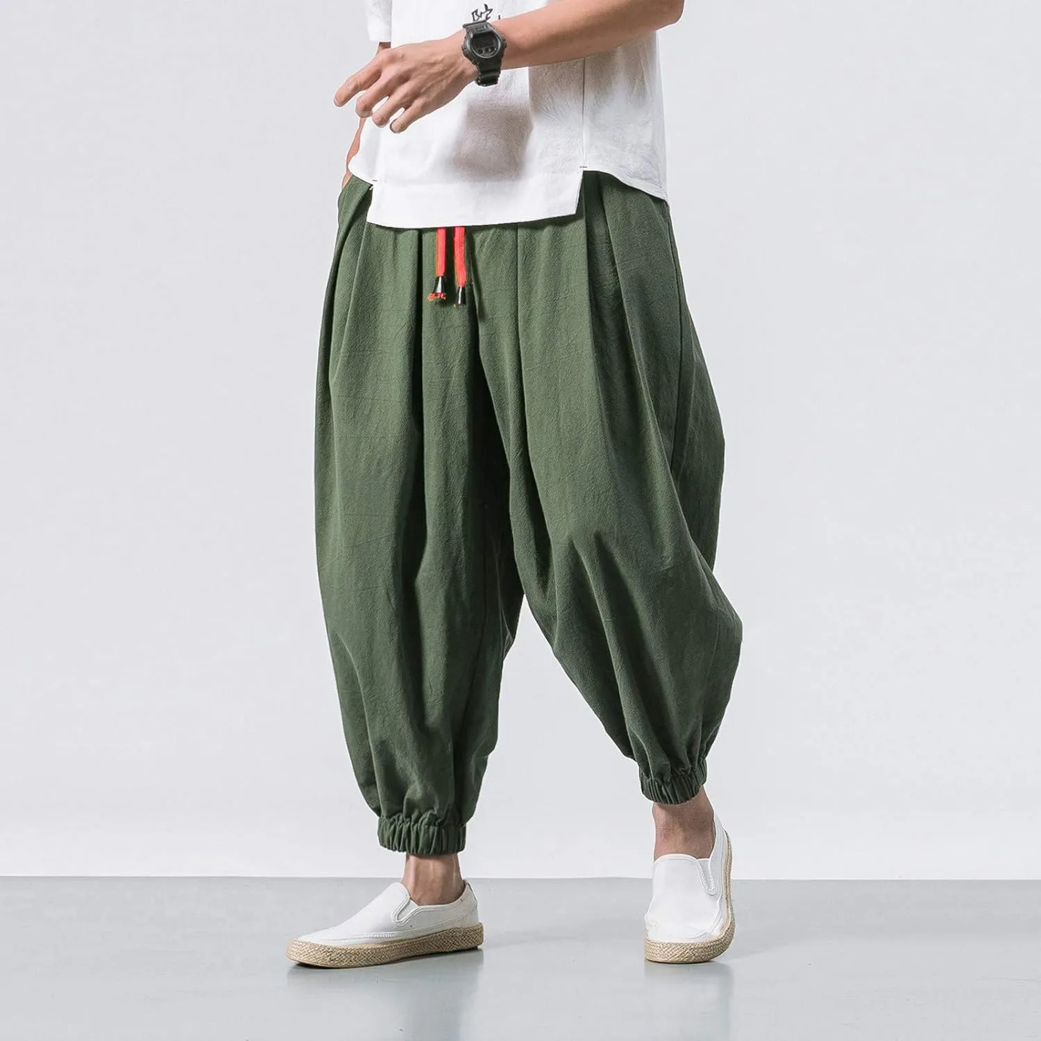 Akklian Linen Pants Mens Harem Pants Fashion Hip Hop Tapered Pants Casual Wide Leg Elastic Waist Drawstring Baggy Trousers