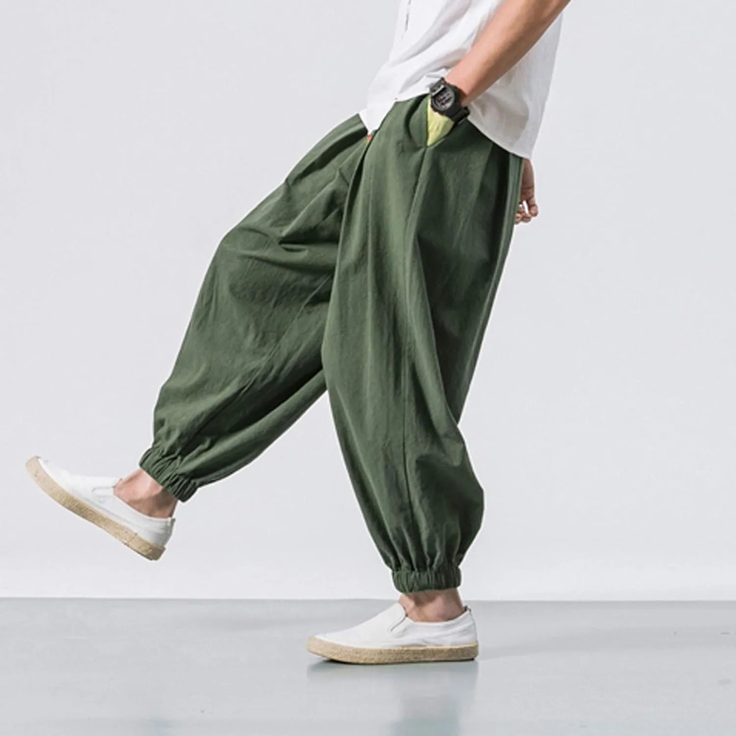 Akklian Linen Pants Mens Harem Pants Fashion Hip Hop Tapered Pants Casual Wide Leg Elastic Waist Drawstring Baggy Trousers