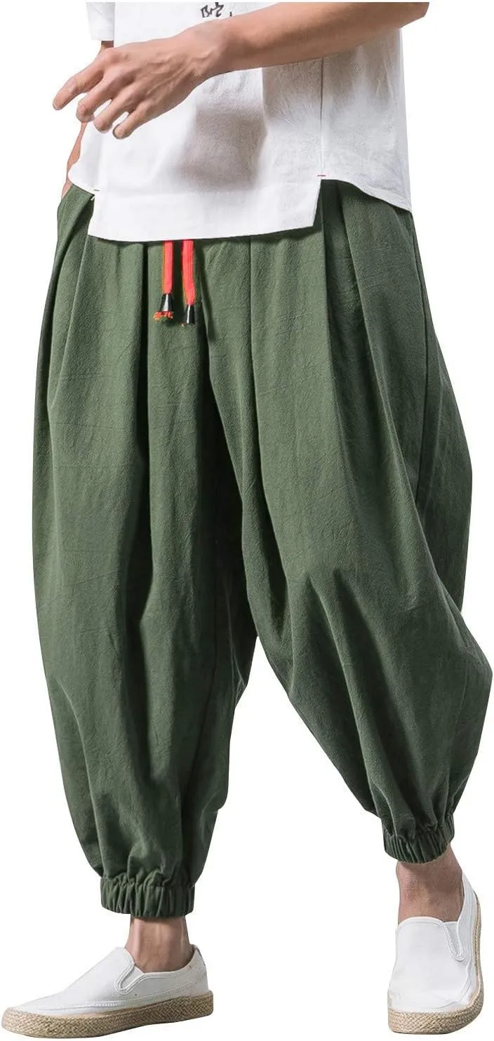 Akklian Linen Pants Mens Harem Pants Fashion Hip Hop Tapered Pants Casual Wide Leg Elastic Waist Drawstring Baggy Trousers