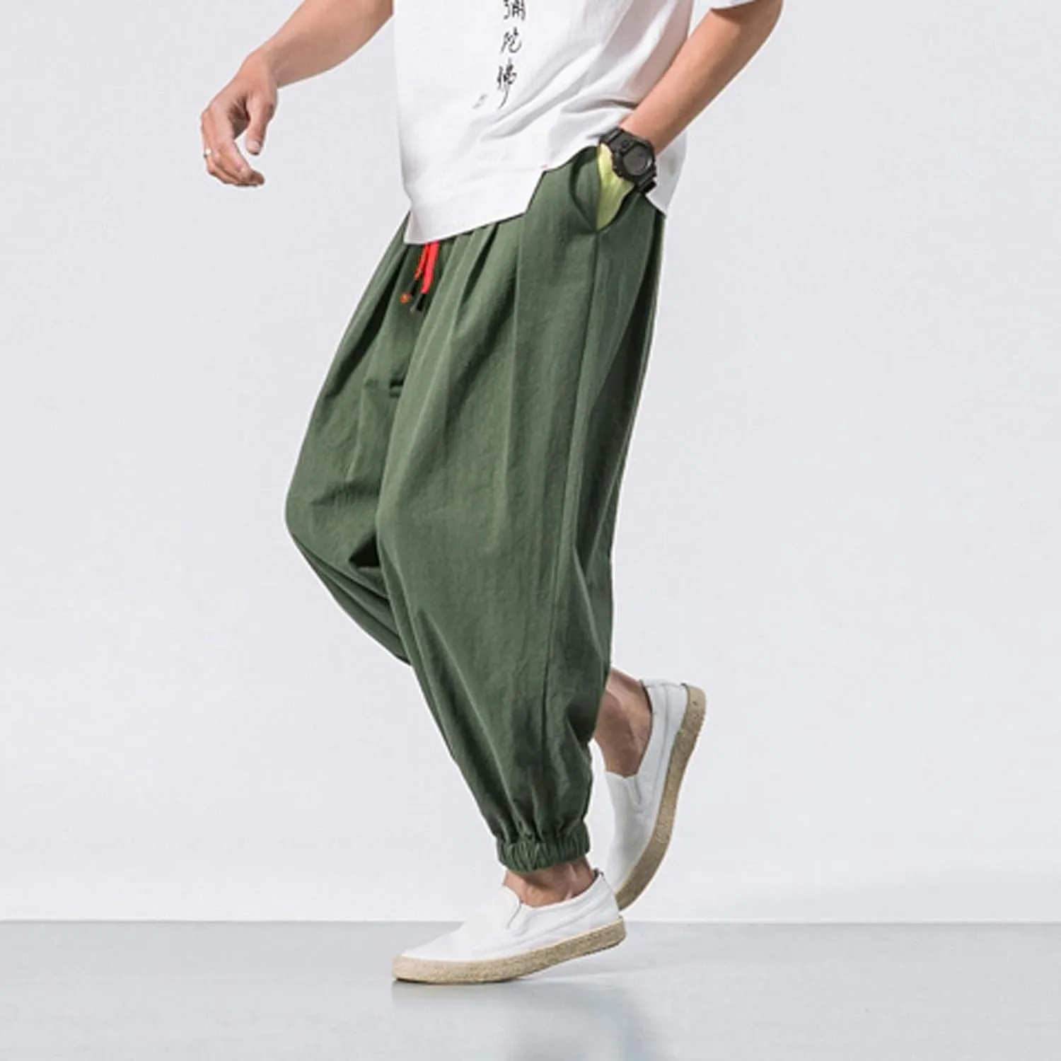Akklian Linen Pants Mens Harem Pants Fashion Hip Hop Tapered Pants Casual Wide Leg Elastic Waist Drawstring Baggy Trousers