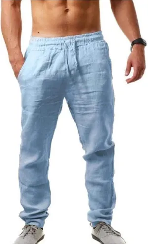 Akklian Mens Casual Linen Pants Loose Fit Elastic Waist Drawstring Straight-Legs Summer Beach Pants Comfy Breathable Trousers