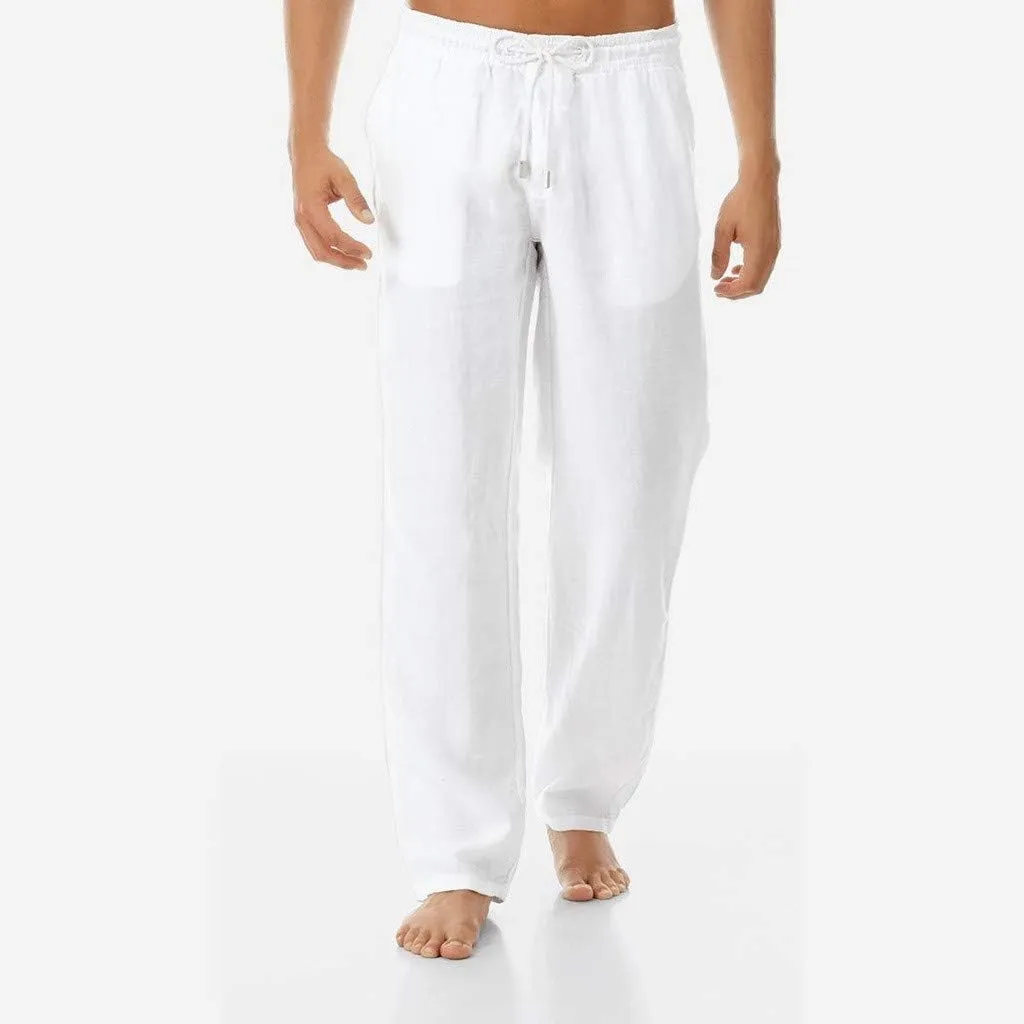 Akklian Mens Linen Drawstring Pants Elastic Waist Lightweight Trouser Casual Loose Summer Beach Yoga Pant Soft Comfy Trouser