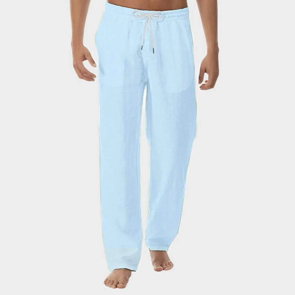 Akklian Mens Linen Drawstring Pants Elastic Waist Lightweight Trouser Casual Loose Summer Beach Yoga Pant Soft Comfy Trouser