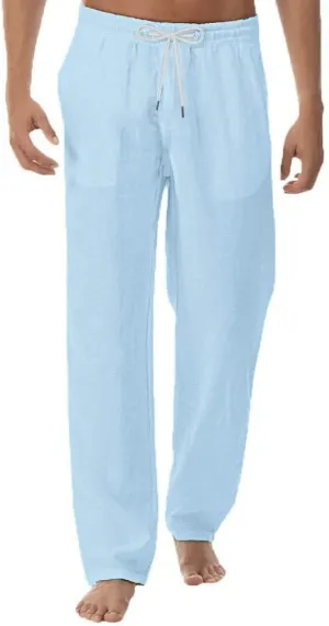 Akklian Mens Linen Drawstring Pants Elastic Waist Lightweight Trouser Casual Loose Summer Beach Yoga Pant Soft Comfy Trouser