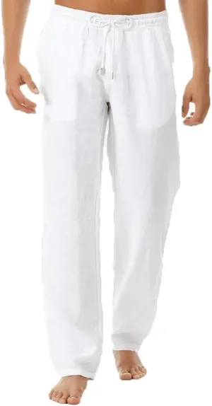 Akklian Mens Linen Drawstring Pants Elastic Waist Lightweight Trouser Casual Loose Summer Beach Yoga Pant Soft Comfy Trouser