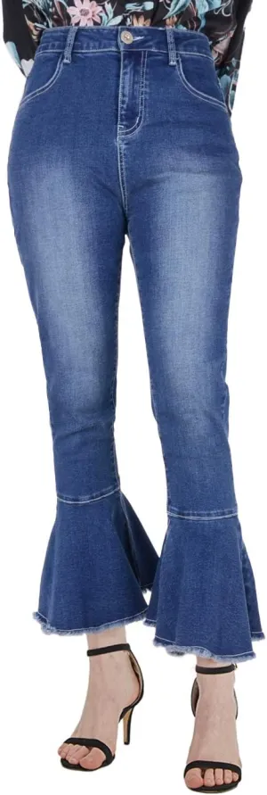 Anna-Kaci Women's Boho Ripped Frayed Raw Ruffle Hem Denim Jeans Flared Pants