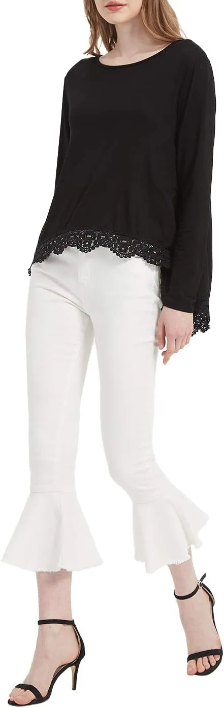 Anna-Kaci Women's Boho Ripped Frayed Raw Ruffle Hem Denim Jeans Flared Pants