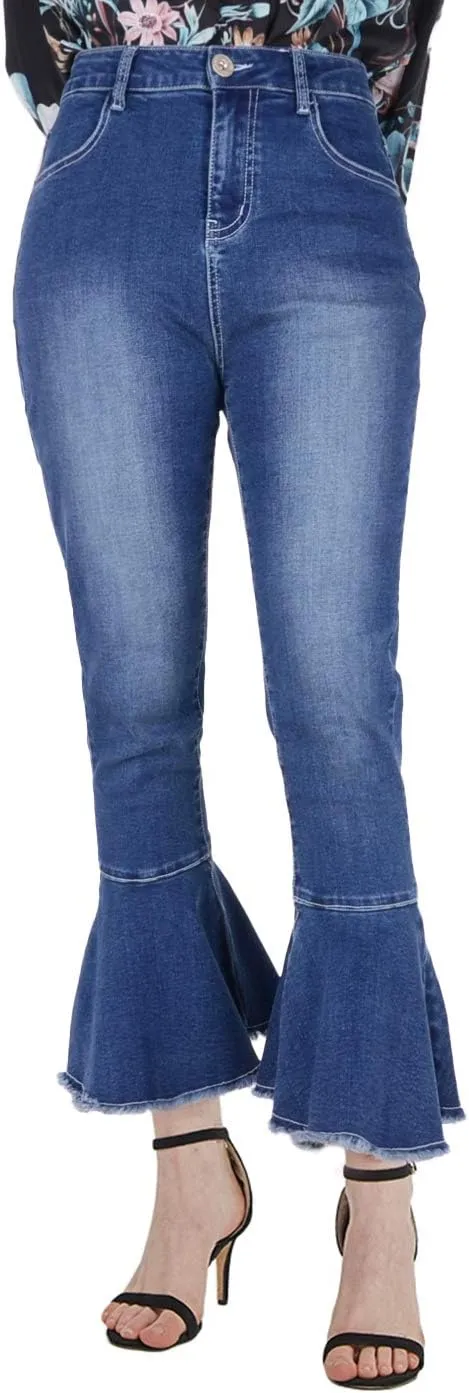 Anna-Kaci Women's Boho Ripped Frayed Raw Ruffle Hem Denim Jeans Flared Pants