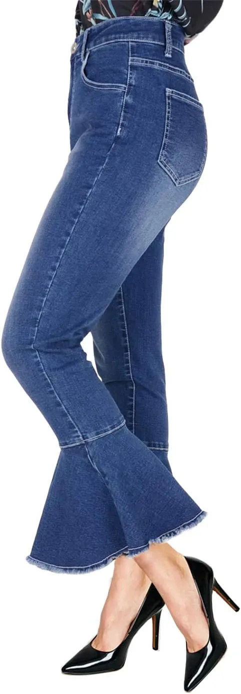 Anna-Kaci Women's Boho Ripped Frayed Raw Ruffle Hem Denim Jeans Flared Pants
