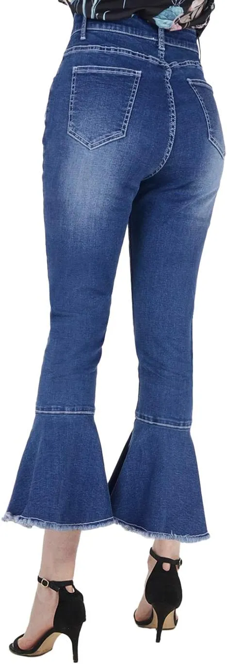 Anna-Kaci Women's Boho Ripped Frayed Raw Ruffle Hem Denim Jeans Flared Pants