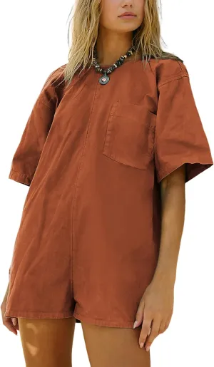 Athlisan Rompers for Women Casual Oversized Athletic Tee Romper Jumpsuits Overalls with Pockets(Rust-S)