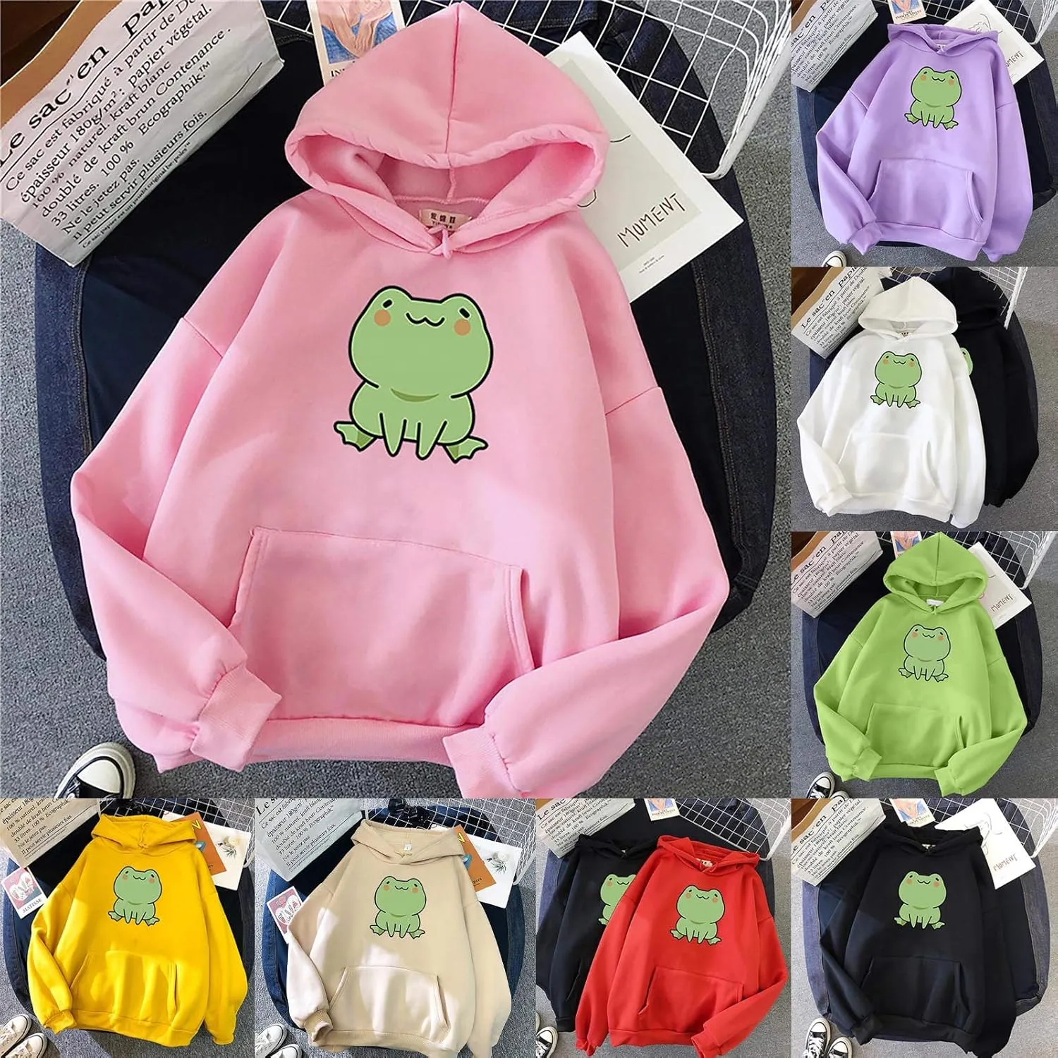 Attine Cute Frog Hoodie for Womens 2024 Long Sleeve Patchwork Sweatshirts Kawaii Frog Graphic Pullover with Pocket