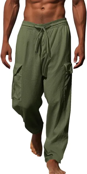 Baggy Beach Pants for Men Lightweight Casual Yoga Workout Linen Pant Waist Elastic Drawstring Breathable Soft Slacks