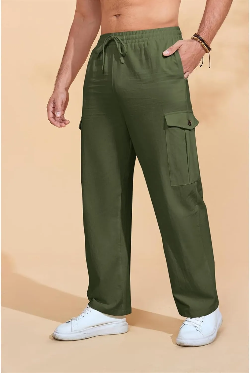 Baggy Beach Pants for Men Lightweight Casual Yoga Workout Linen Pant Waist Elastic Drawstring Breathable Soft Slacks