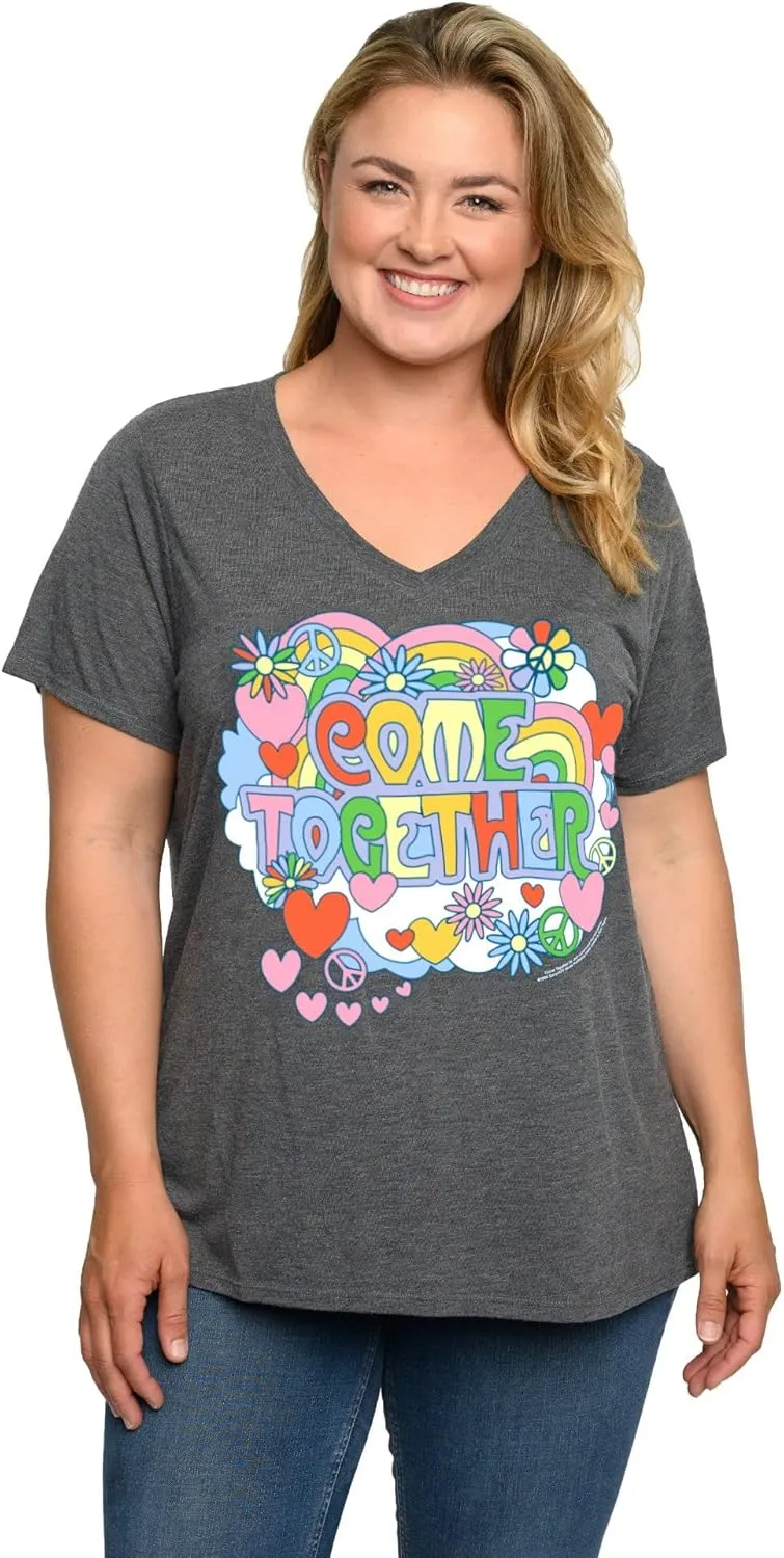 Beatles Plus Size Womens T-Shirt V-Neck Come Together Vintage Print