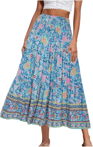 Boho Floral Pleated Long Skirts for Women Summer Casual Elastic High Waisted Skirts A-Line Flowy Swing Maxi Skirt