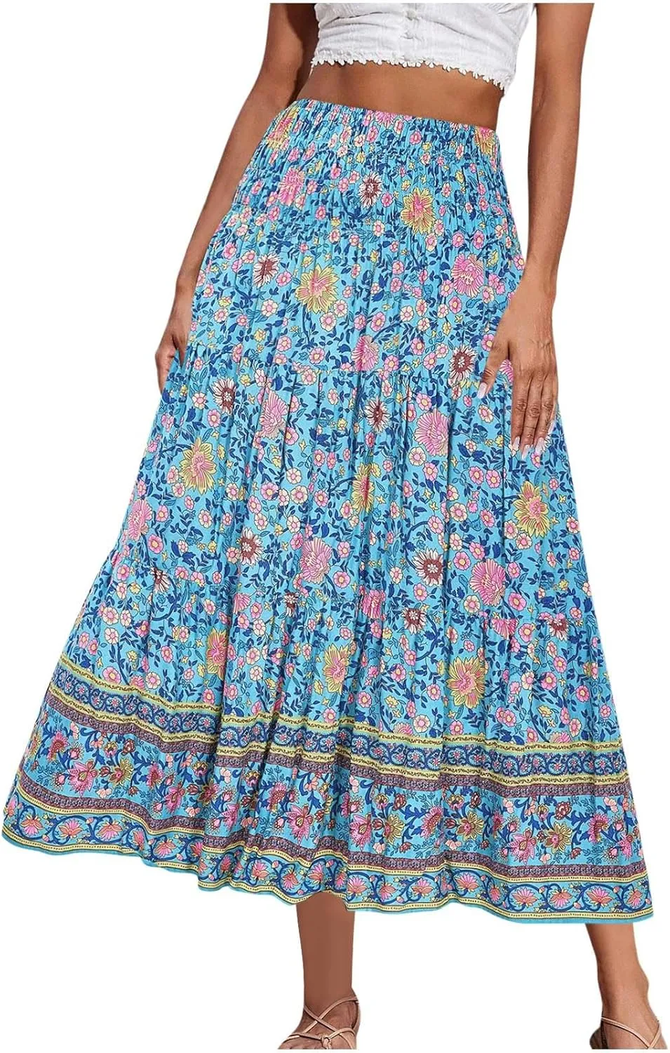 Boho Floral Pleated Long Skirts for Women Summer Casual Elastic High Waisted Skirts A-Line Flowy Swing Maxi Skirt