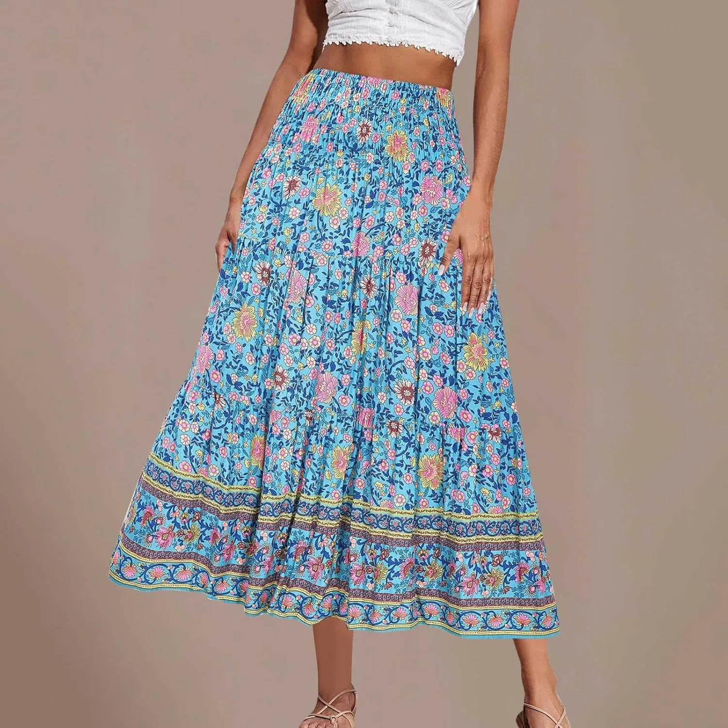 Boho Floral Pleated Long Skirts for Women Summer Casual Elastic High Waisted Skirts A-Line Flowy Swing Maxi Skirt