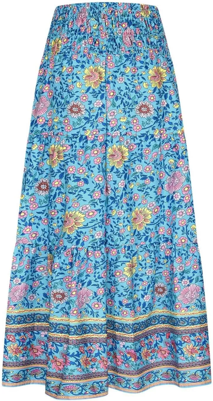 Boho Floral Pleated Long Skirts for Women Summer Casual Elastic High Waisted Skirts A-Line Flowy Swing Maxi Skirt