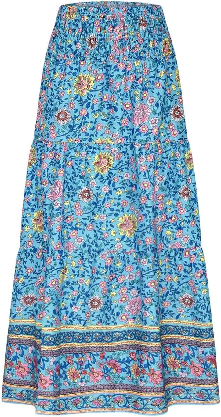 Boho Floral Pleated Long Skirts for Women Summer Casual Elastic High Waisted Skirts A-Line Flowy Swing Maxi Skirt