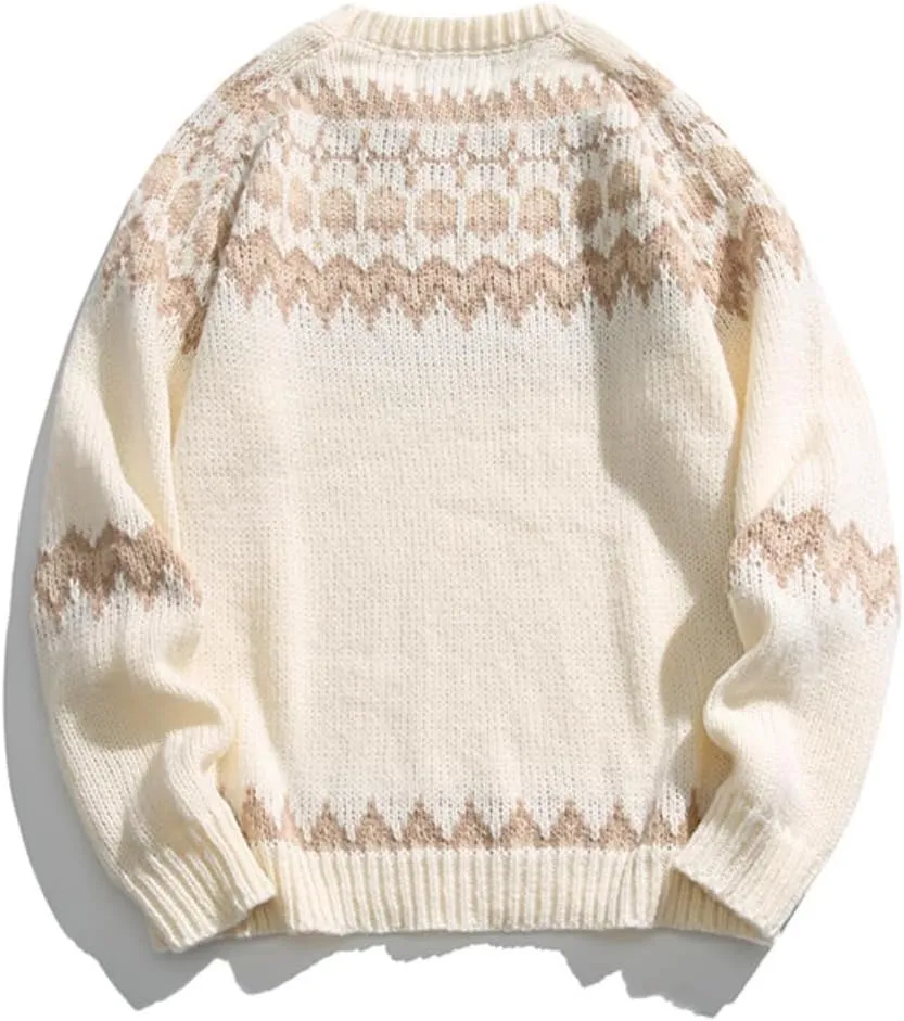 Cable Knit Sweater Women Vintage Chunky Cream Sweater Men Woven Crewneck Knitted Pullover