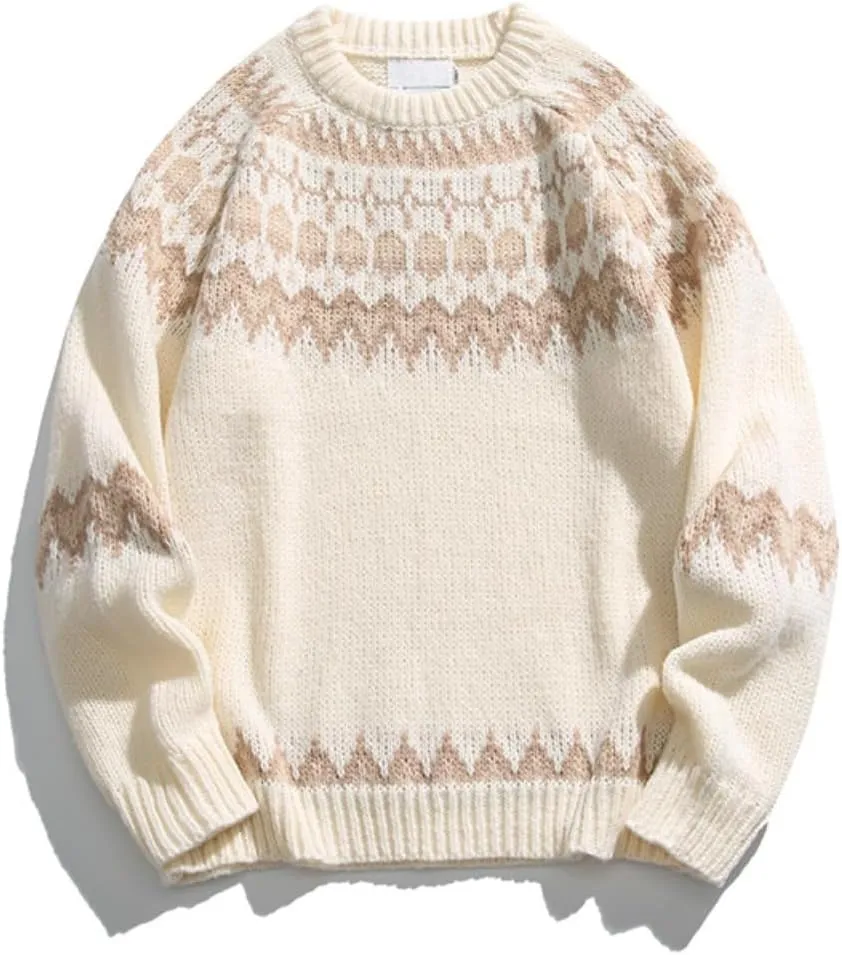 Cable Knit Sweater Women Vintage Chunky Cream Sweater Men Woven Crewneck Knitted Pullover