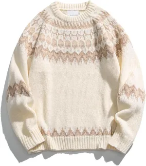 Cable Knit Sweater Women Vintage Chunky Cream Sweater Men Woven Crewneck Knitted Pullover