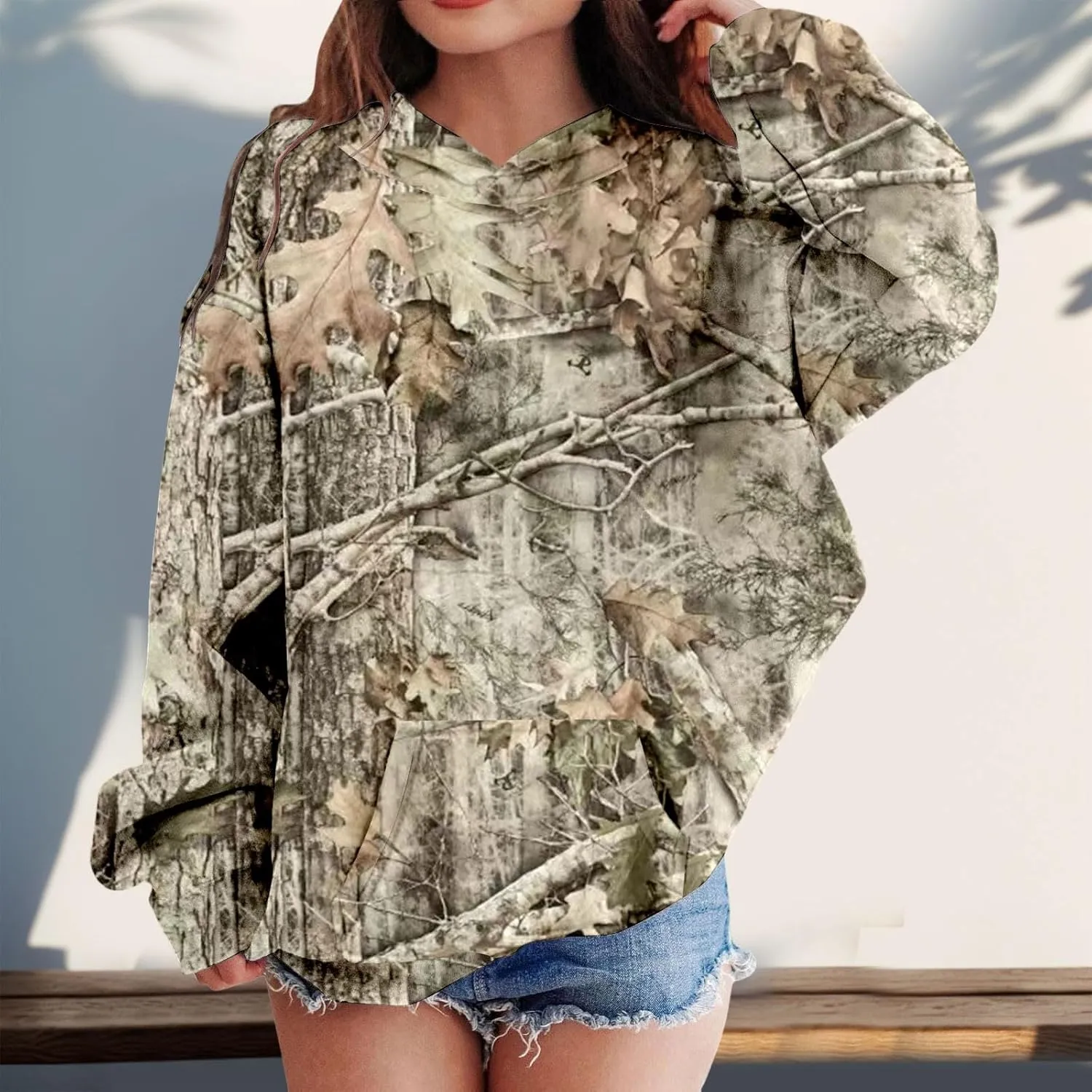 Camo Hoodies for Teen Girls Cute Sweatshirt Maple Leaf Print Oversized Fleece Sweatshirts Pullover Tops with Pocket
