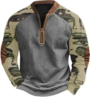 Camo Long Sleeve Shirt Men Trendy Vintage Print Pullover Sweatshirt Quarter Zip Henley Shirts Casual V Neck Tops