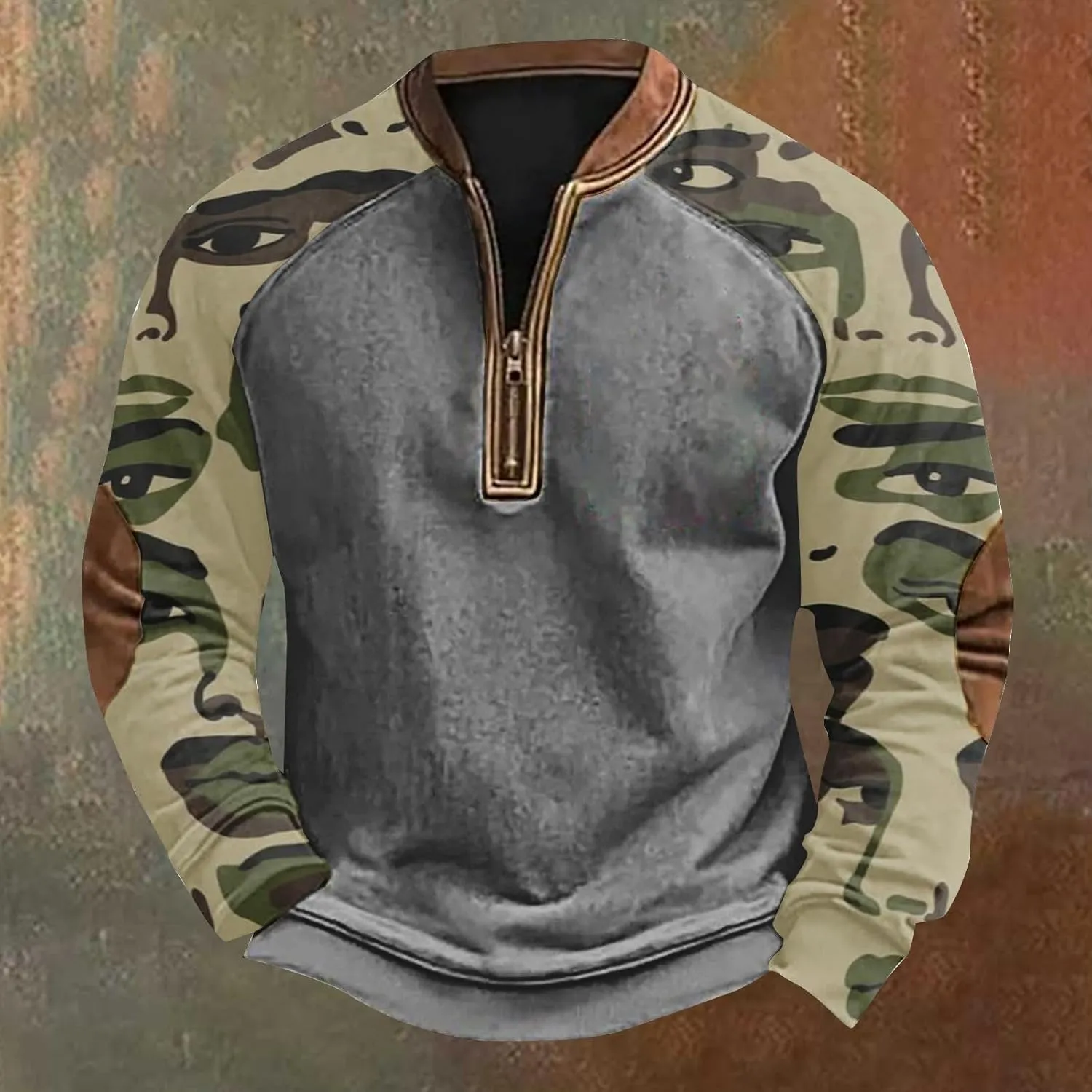 Camo Long Sleeve Shirt Men Trendy Vintage Print Pullover Sweatshirt Quarter Zip Henley Shirts Casual V Neck Tops