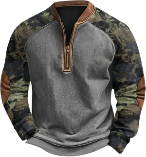 Camo Long Sleeve Shirt Men Trendy Vintage Print Pullover Sweatshirt Quarter Zip Henley Shirts Casual V Neck Tops