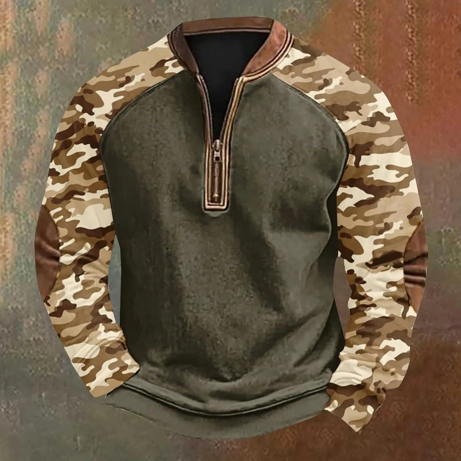 Camo Long Sleeve Shirt Men Trendy Vintage Print Pullover Sweatshirt Quarter Zip Henley Shirts Casual V Neck Tops