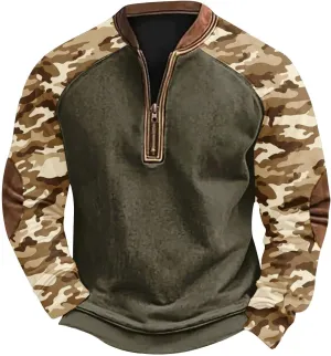 Camo Long Sleeve Shirt Men Trendy Vintage Print Pullover Sweatshirt Quarter Zip Henley Shirts Casual V Neck Tops