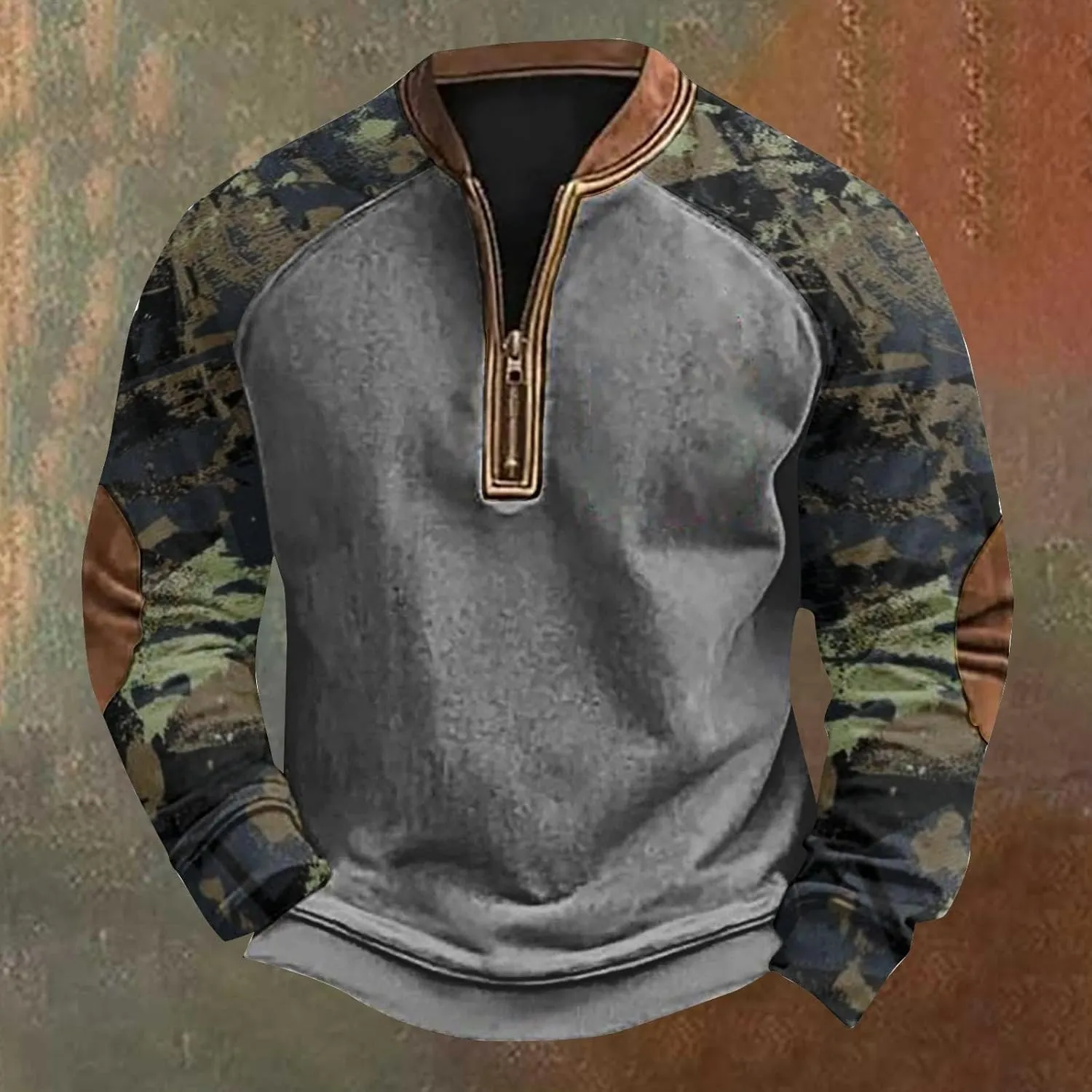Camo Long Sleeve Shirt Men Trendy Vintage Print Pullover Sweatshirt Quarter Zip Henley Shirts Casual V Neck Tops