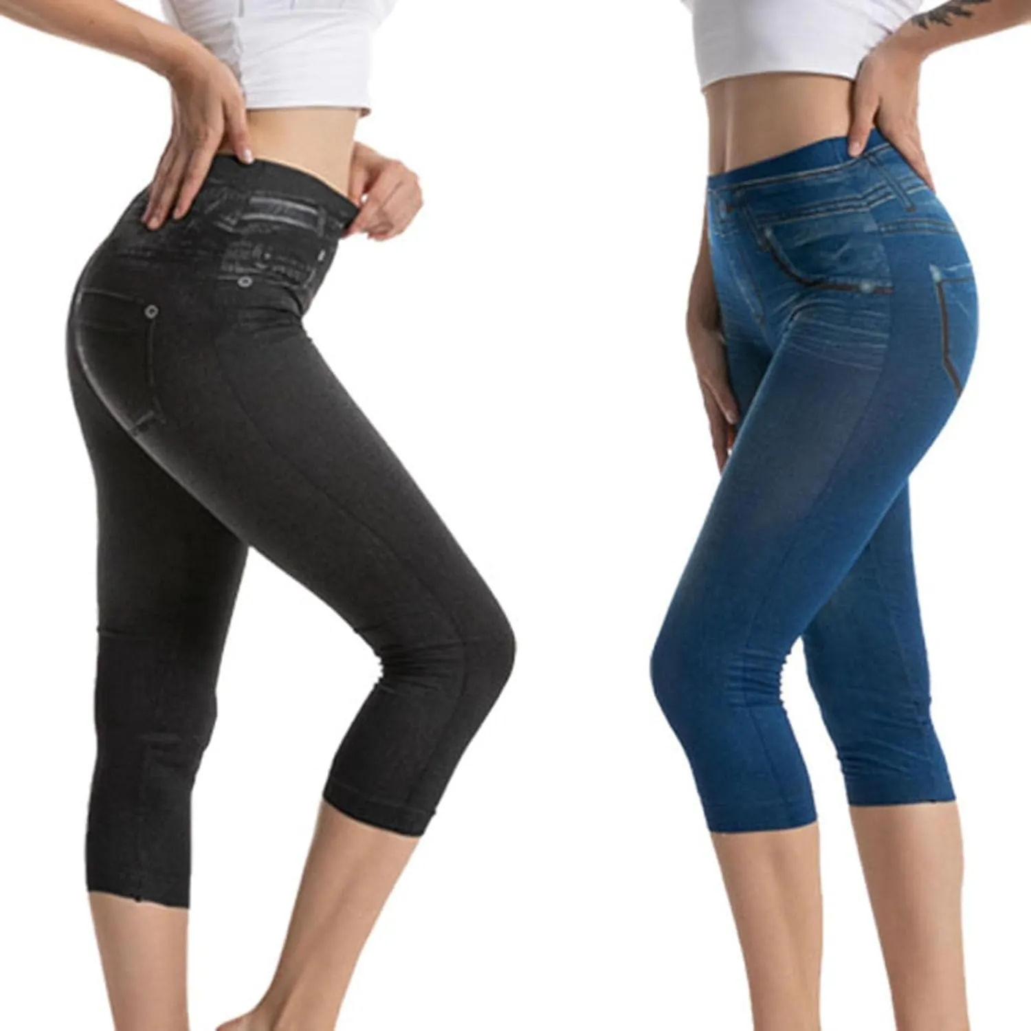 Capri Leggings for Women Jean Look Jeggings Super Comfy Stretch High Waisted Denim Skinny Pull-On Capri Pants Tights