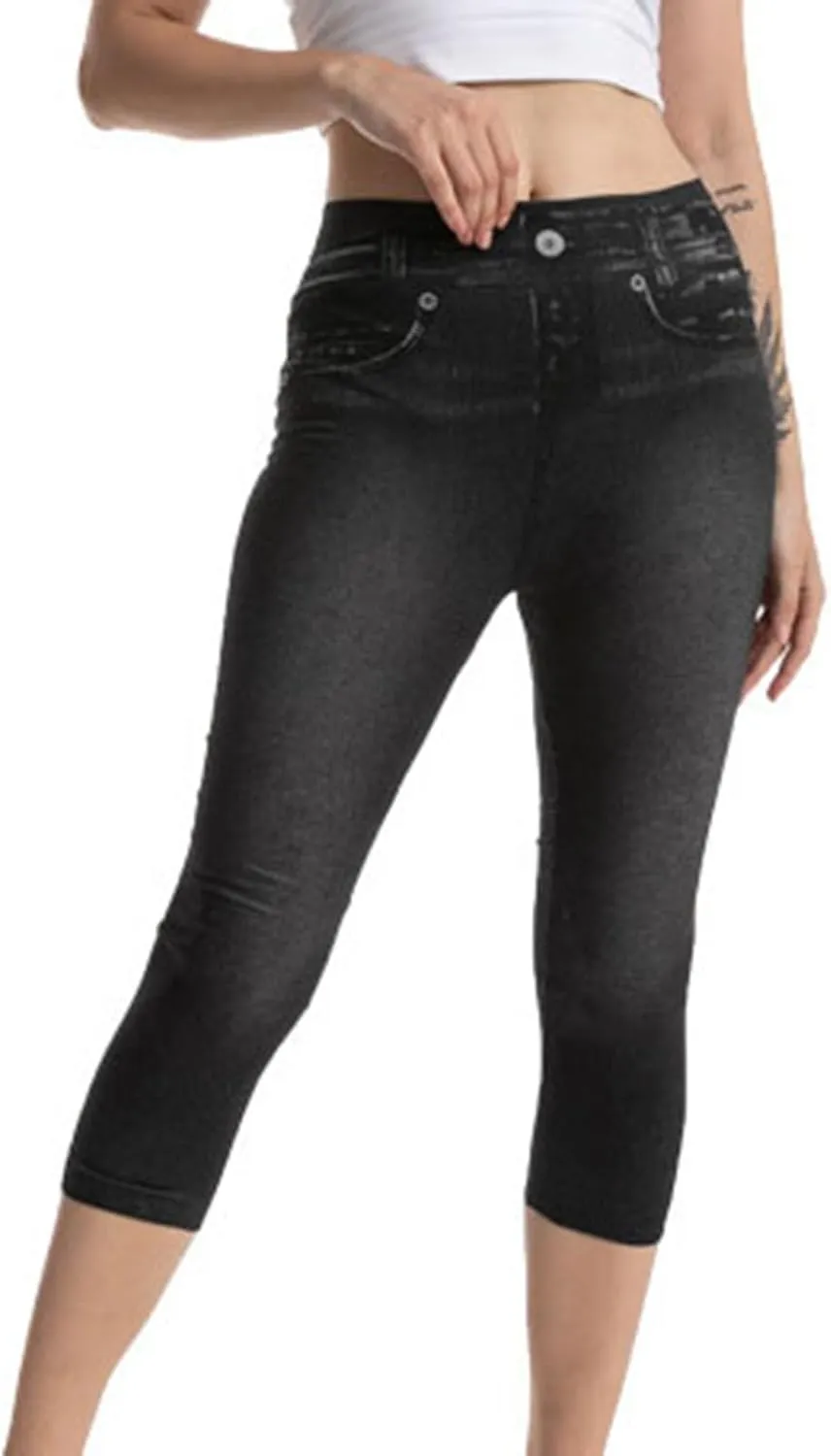 Capri Leggings for Women Jean Look Jeggings Super Comfy Stretch High Waisted Denim Skinny Pull-On Capri Pants Tights