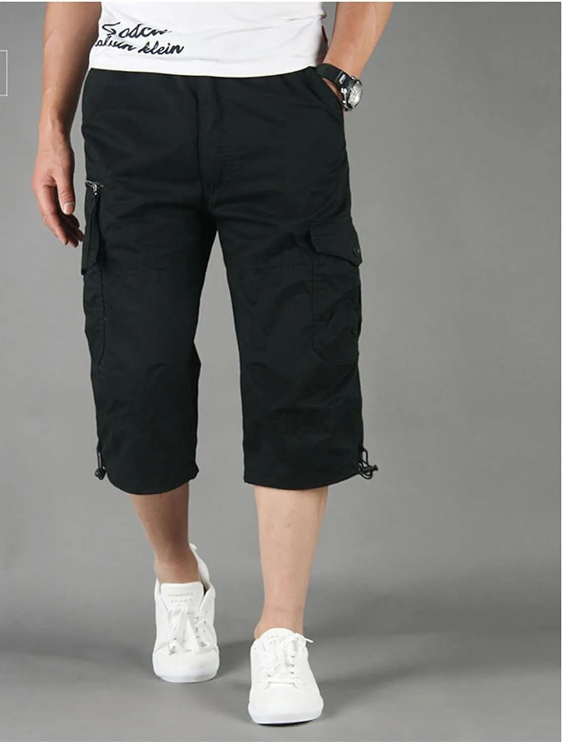 Capri Long Twill Cargo Shorts for Big Tall Men Classic Cotton Below Knee Short Relaxed Fit Casual Multi-Pocket Shorts