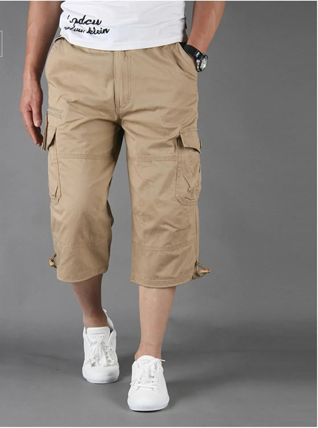 Capri Long Twill Cargo Shorts for Big Tall Men Classic Cotton Below Knee Short Relaxed Fit Casual Multi-Pocket Shorts
